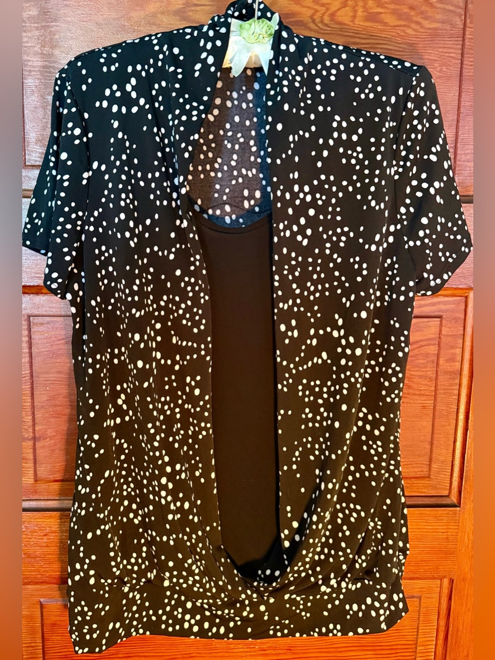 Perseption Concept Black Blouse with White Polka Dot Print attached tank top